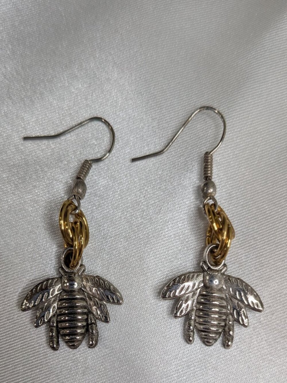 Silver and Gold Bee Dangle Earrings — Mixed Metal Charm Design